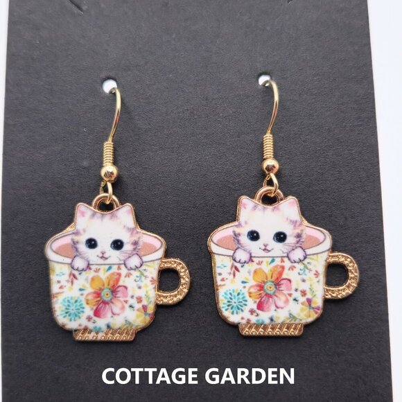 Sweet Hearts White Cat in Pink Heart Teacup Earrings – Handmade Dangles - Picture 10 of 16